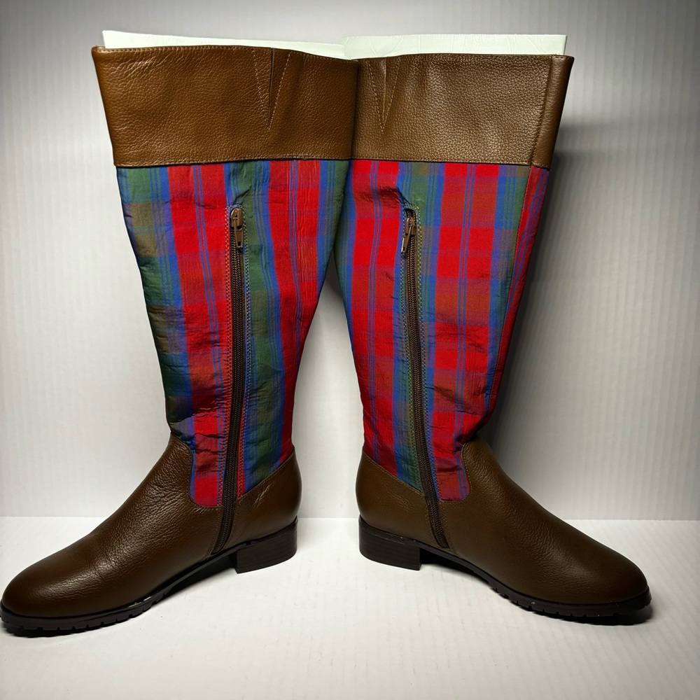 Jeffery Banks - Brown Leather Knee-High Boots with Red & Green Plaid Shaft - Picture 2 of 6